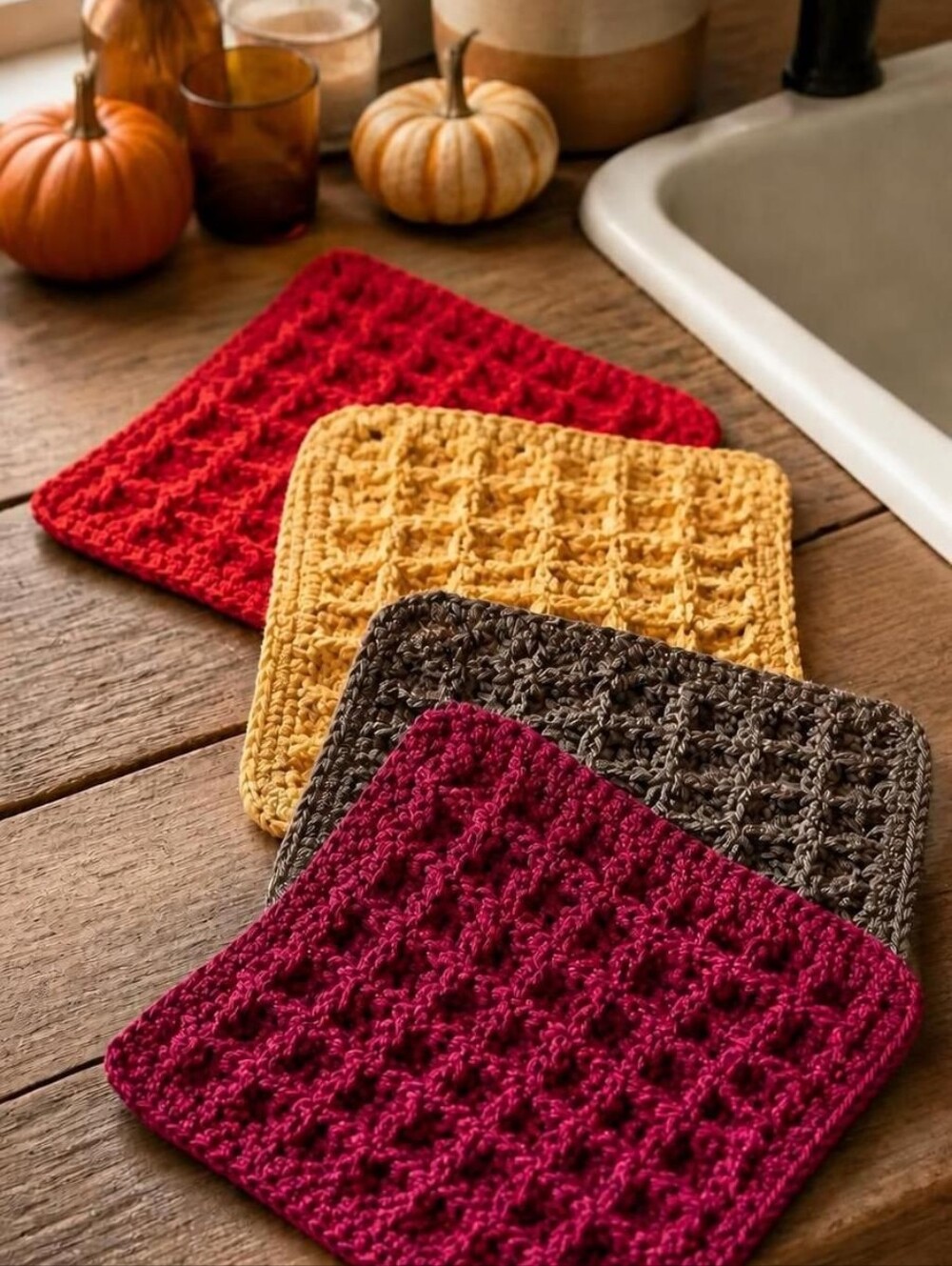Handmade Cotton Waffle Weave Dishcloth Set of 4 Multicolor Reusable Farmhouse